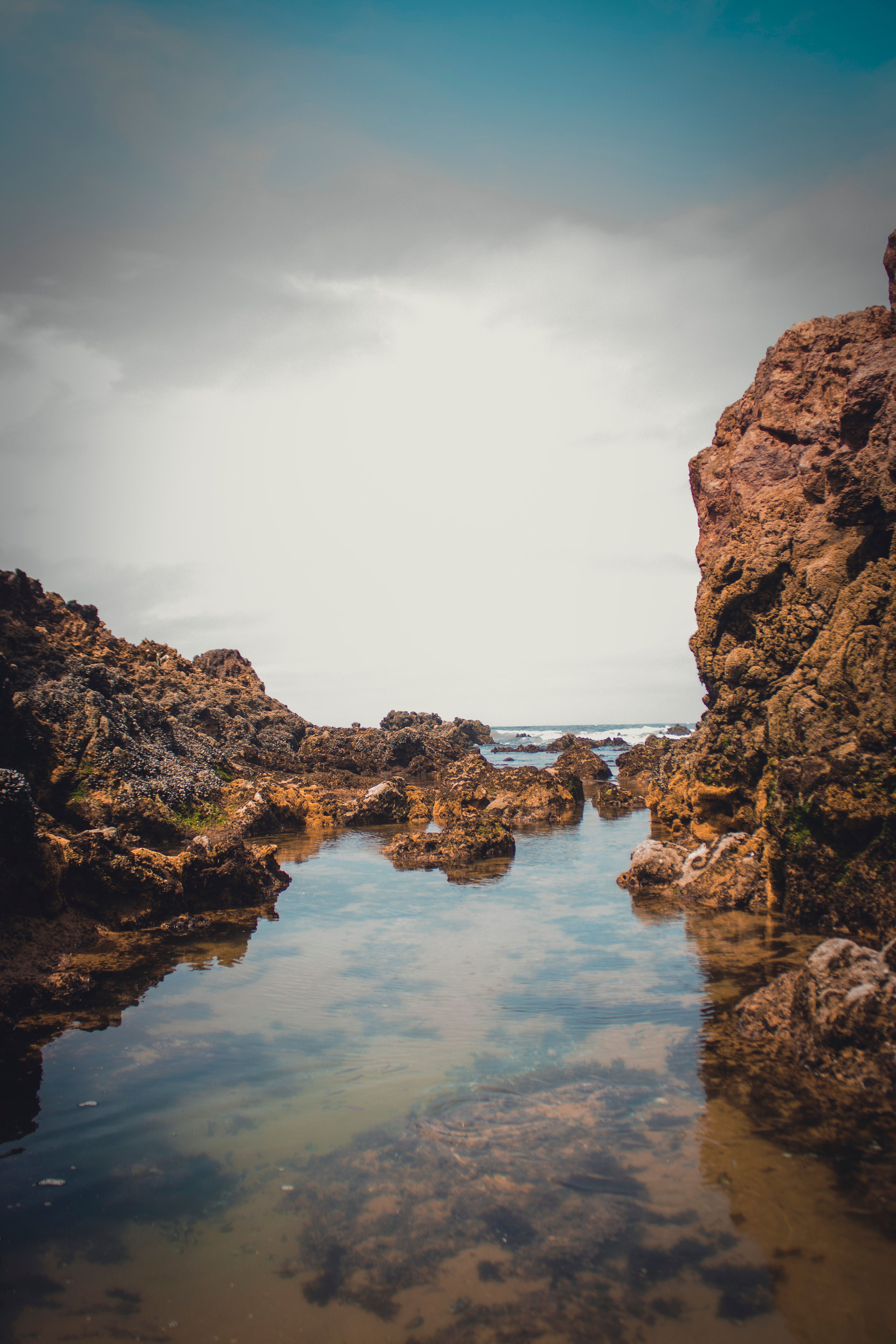 Explore the rugged beauty of a rocky coastline with reflective tide pools, showcasing nature's eroded formations and vibrant 