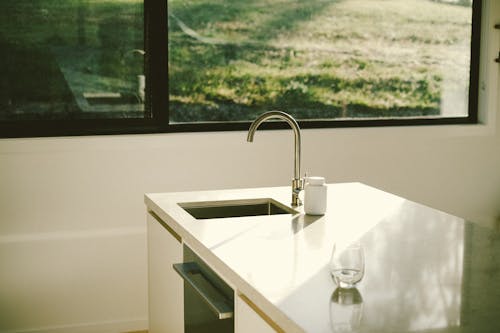 A kitchen sink with a window in the background