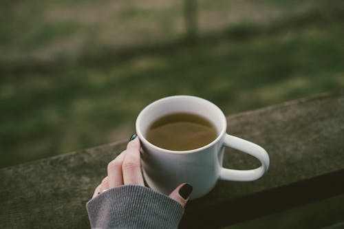 Free A person holding a cup of tea on a wooden deck Stock Photo