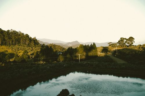 Free Serene countryside landscape featuring a calm lake and tree-covered hills at sunset. Stock Photo