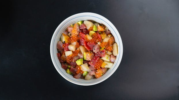 Delicious and vibrant Japanese seafood salad bowl with fresh ingredients.