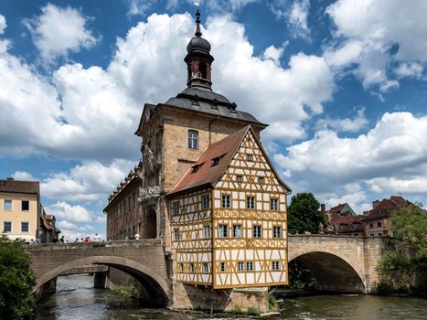 The iconic Old Town Hall in Bamberg, a UNESCO World Heritage Site on the bridge.