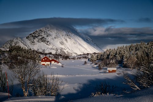 A snowy landscape with a red barn and mountains