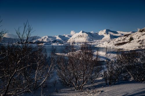 Free A breathtaking view of snow-covered mountains by a frozen coastline under a blue sky. Stock Photo
