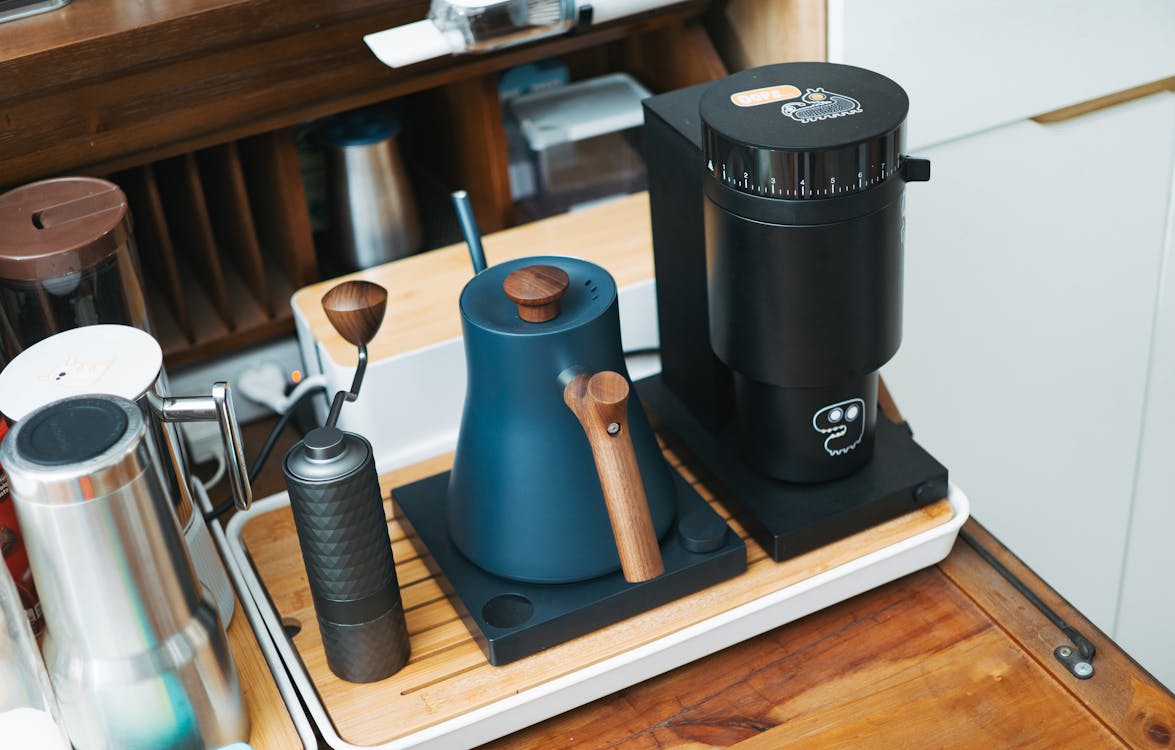 A coffee maker sits on a counter with a coffee pot