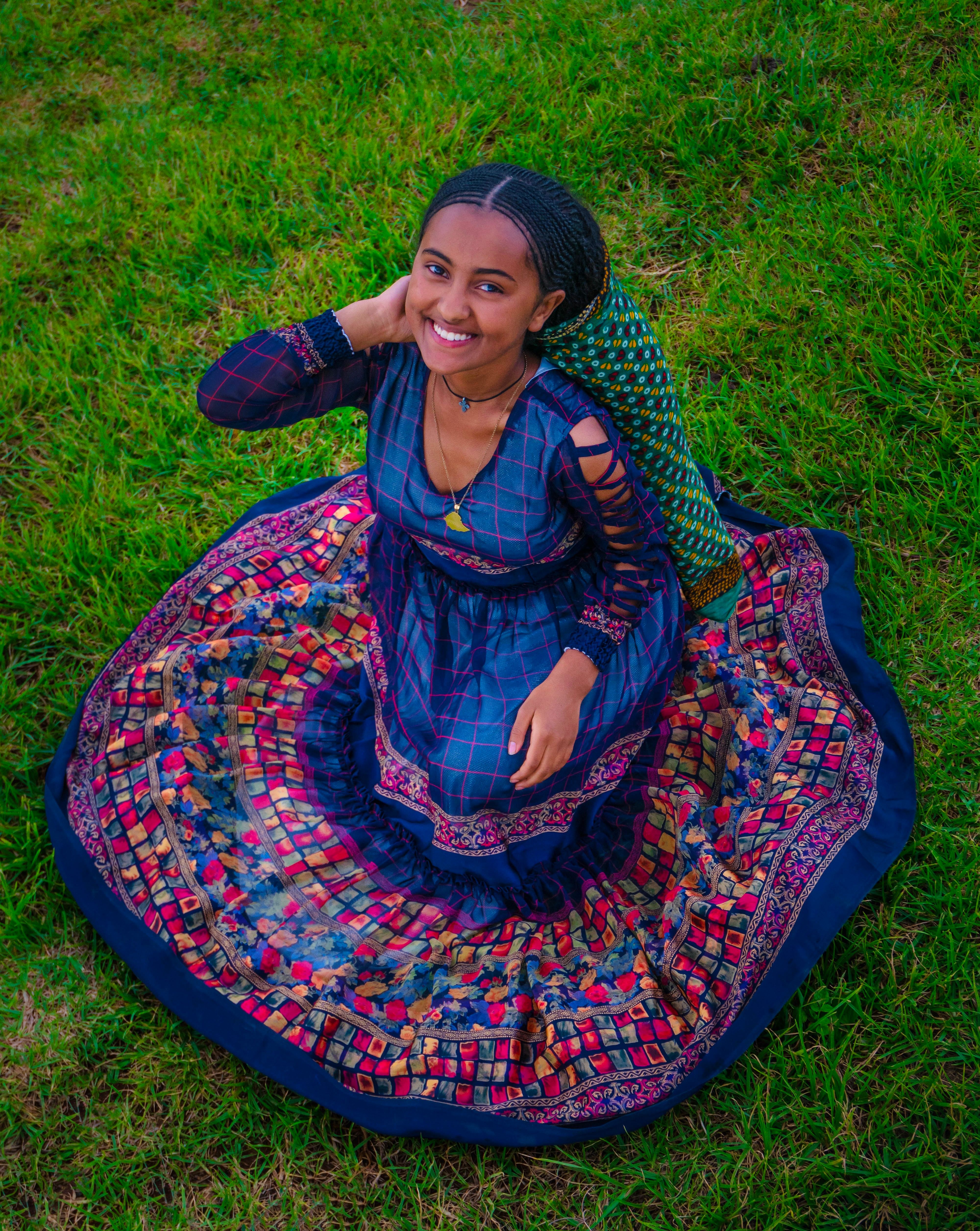 eliza j blue sequin dress White traditional Ethiopian dress with blue / pink / green color block –  FTWWL main image 0