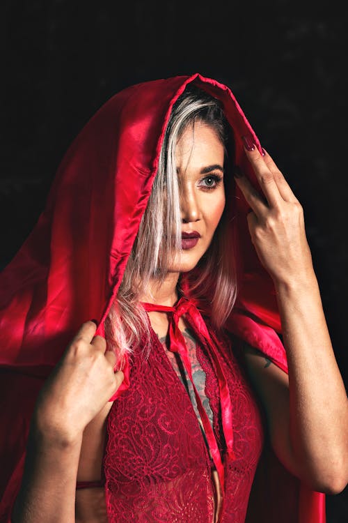 Blonde Woman in Red Dress and Hood