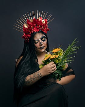 Elegant portrait of a woman in Catrina makeup holding flowers, adorned with a red floral crown.