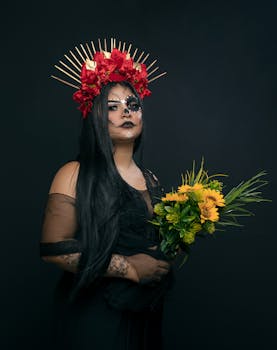 Stunning Día de Muertos portrait with a model in traditional makeup holding sunflowers, set against a dark background.