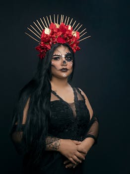 Elegant portrait of a woman in Dia de Muertos makeup wearing a floral wreath, capturing Mexican cultural essence.