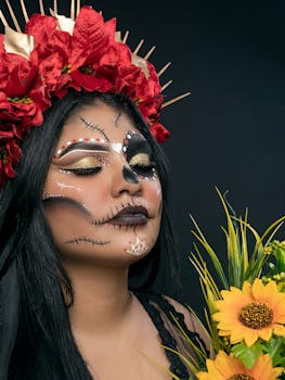 Close-up of woman in Dia de Muertos makeup with floral headdress and sunflowers.