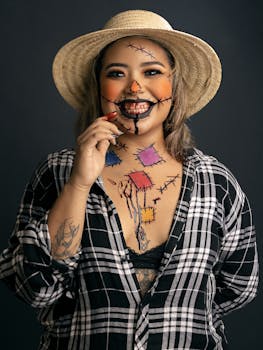 A woman in creative Halloween makeup and hat poses indoors with a smile.