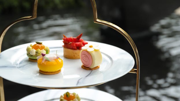 A selection of exquisite desserts elegantly presented on a tiered tray by the water.
