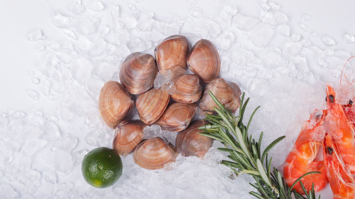 Chilled platter of fresh clams, shrimp and shellfish, a classic Qingdao seafood spread