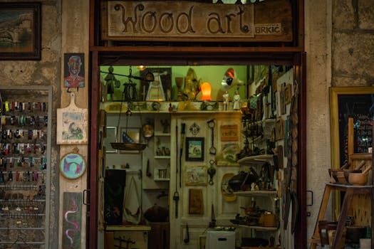 Explore a unique artisan shop with wood art and handmade crafts in a vibrant urban setting.