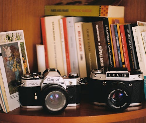 Two cameras sit on a shelf next to books