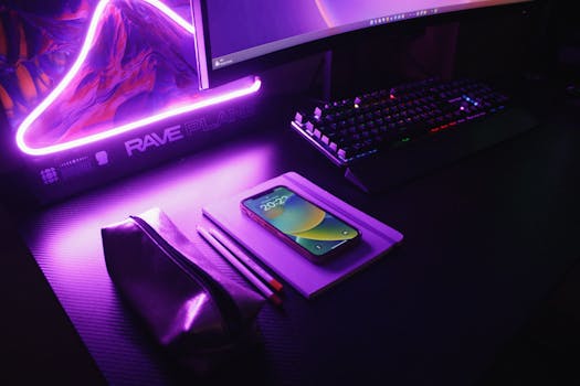 A sleek, illuminated workspace featuring a neon-lit setup and modern technology.