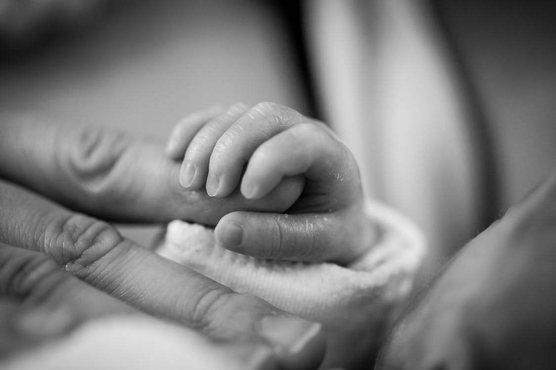 бесплатная Фотография ребенка, держащего палец, в оттенках серого Стоковое фото
