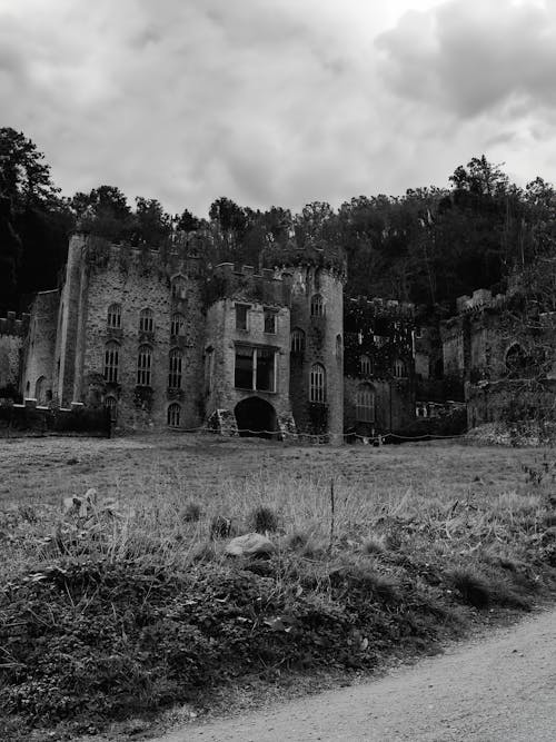 Black and white photo of a castle on a dirt road