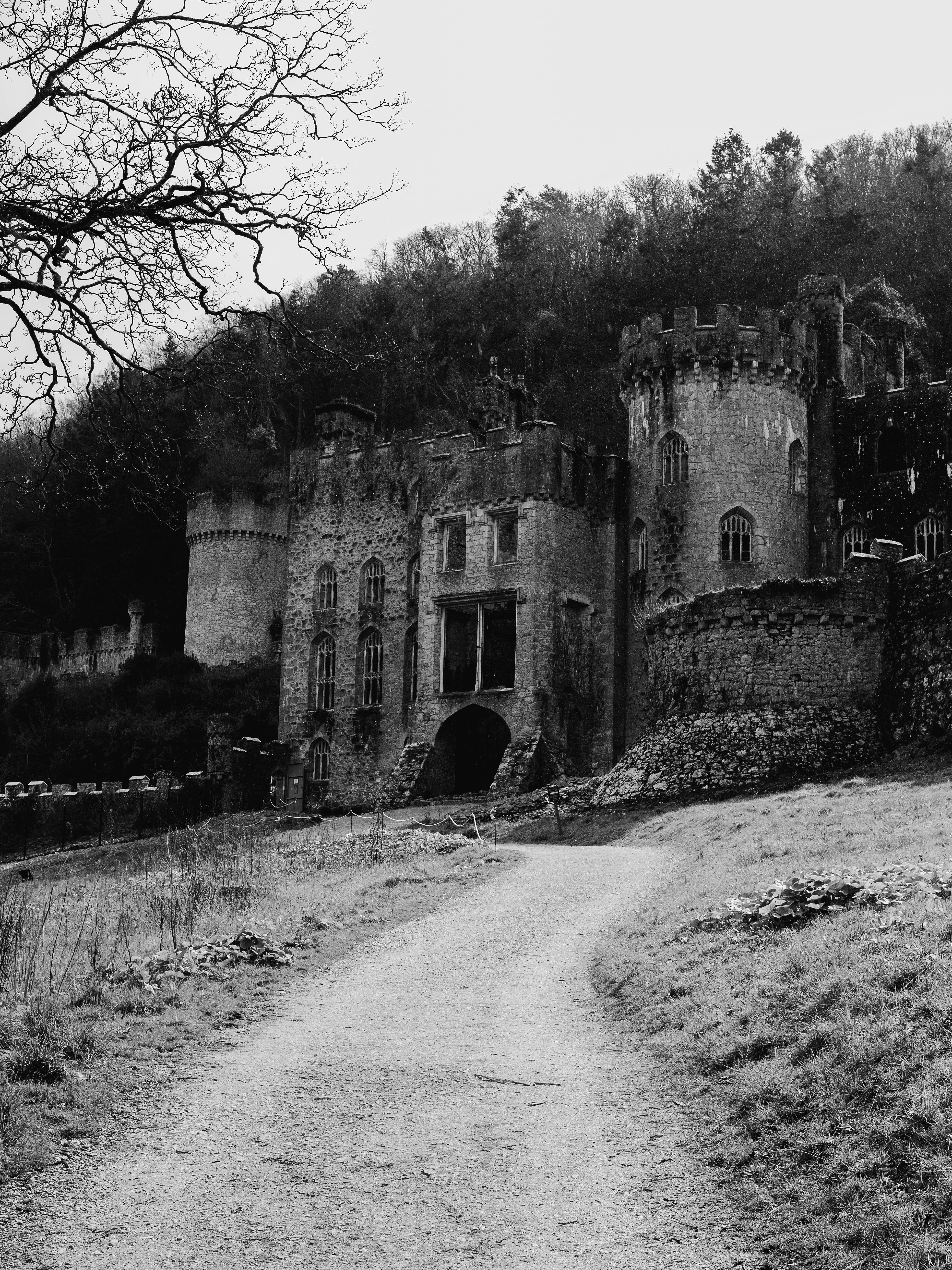 Gwrych Castle ruins in Abergele, Wales captured in black and white, showcasing medieval architecture.