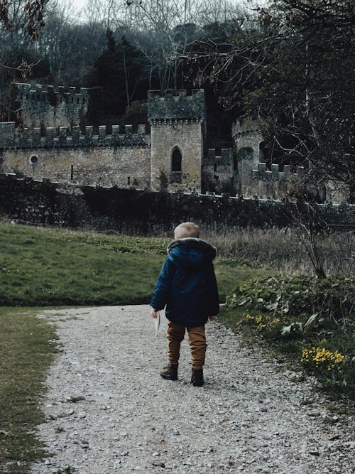 A child walking down a path towards a castle