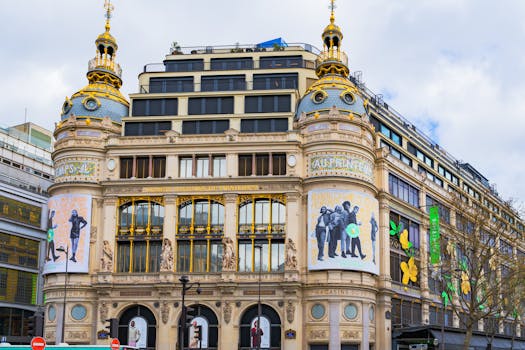 A vibrant view of the iconic Printemps department store in Paris showcasing its ornate architecture.
