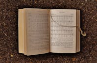 一本摊开的赞美诗书，泥土上铺着音符，以乐谱和歌词为特色