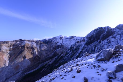 A breathtaking view of snow-covered mountains in Hokkaido, Japan, under a clear blue sky.