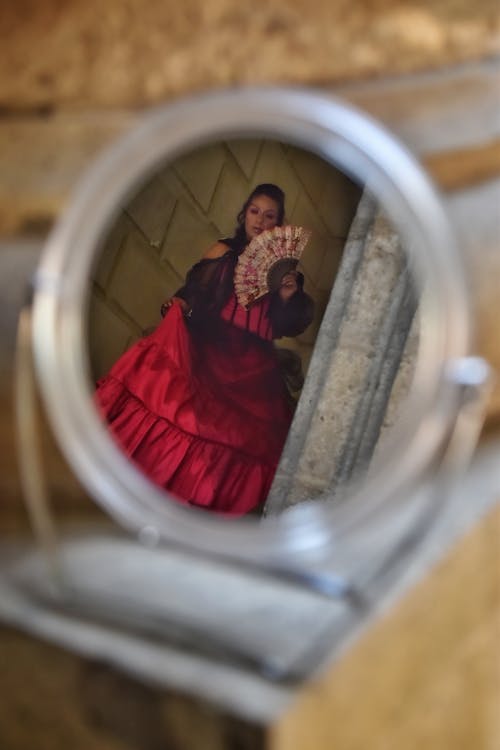 Free stock photo of mirror, red dress, reflection
