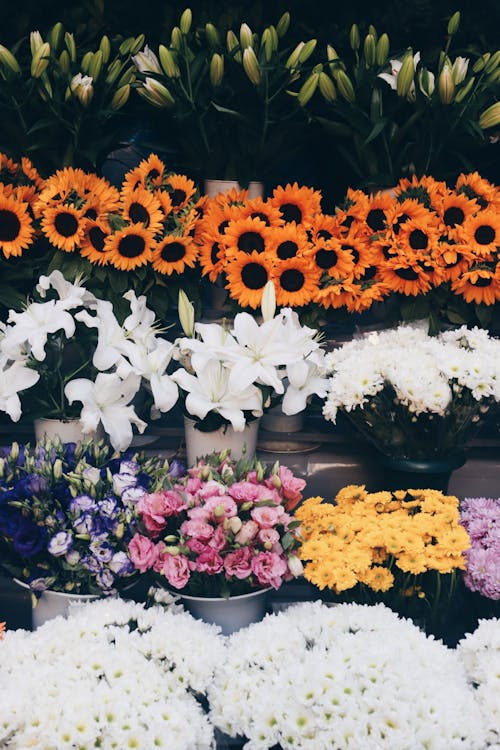 A flower stand with many different types of flowers