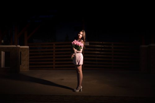 Free Fashionable brunette posing with pink flowers in a dimly lit setting, highlighting elegance and style. Stock Photo