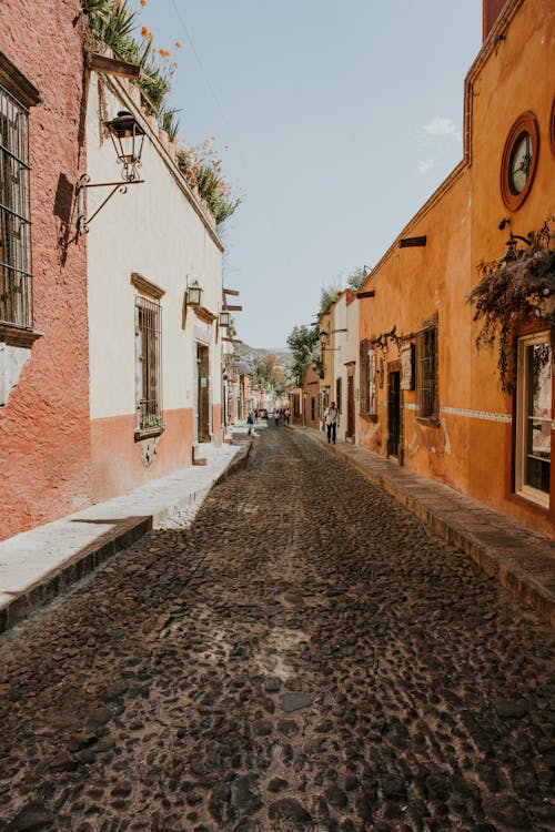 A cobblestone street in the old town of guadalajara