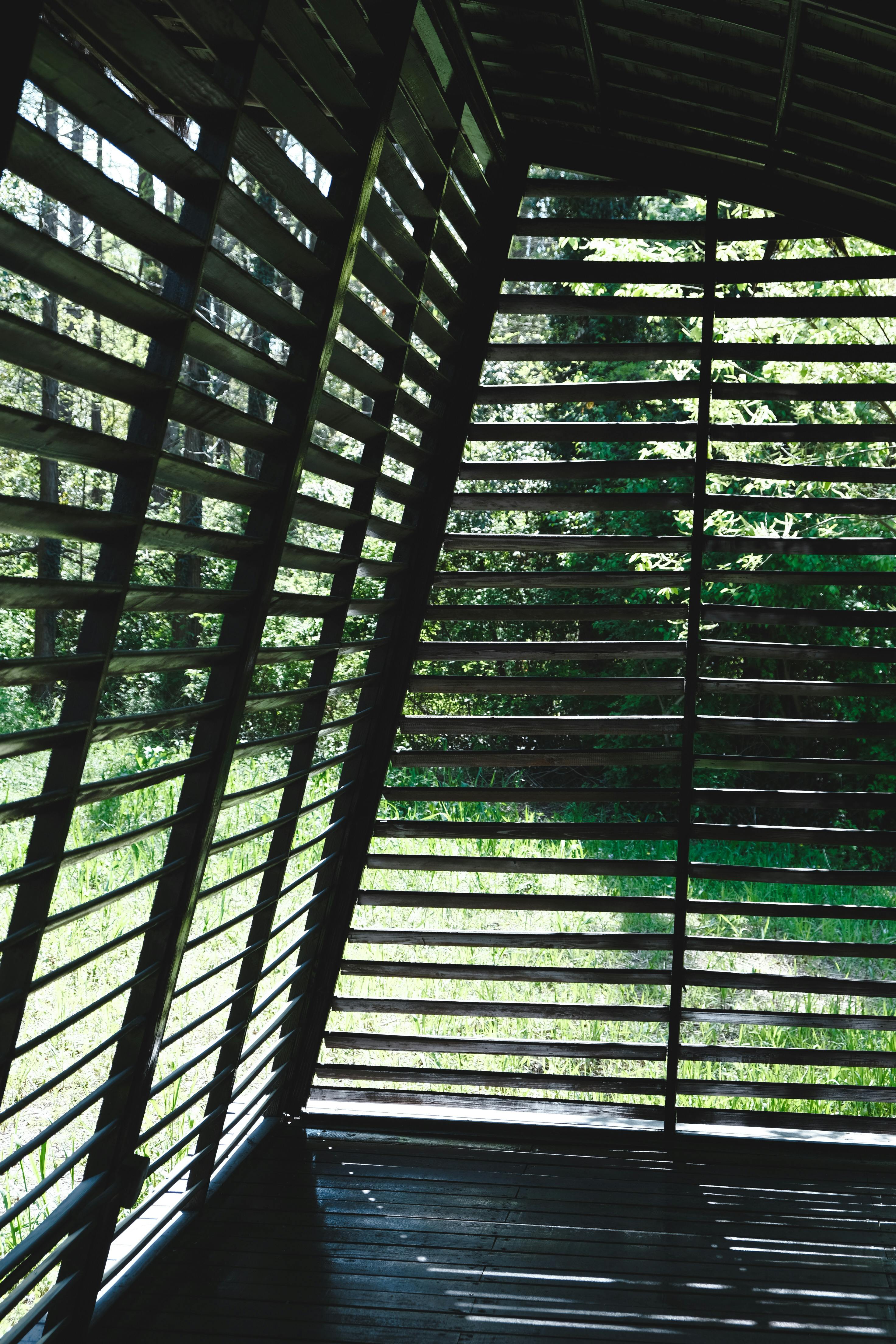 Interior view of a wooden slatted structure with forest scenery outside.