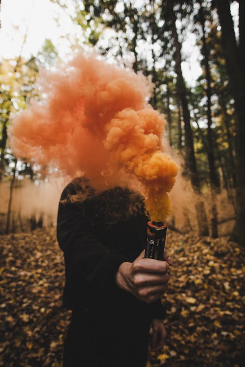A person holding an orange smoke bomb in the woods