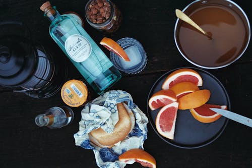 A table with food and drinks on it