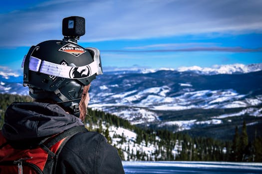 Person with helmet and camera overlooking snow-capped mountains and trees, capturing winter's beauty.
