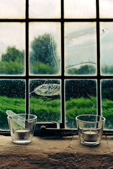 质朴的窗台上放着两支蜡烛，窗外是雨滴点点的绿色景色