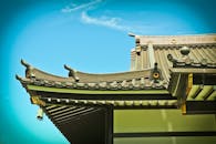 在明亮的蓝天下，日本寺庙屋顶的优雅景色展示了传统建筑特色