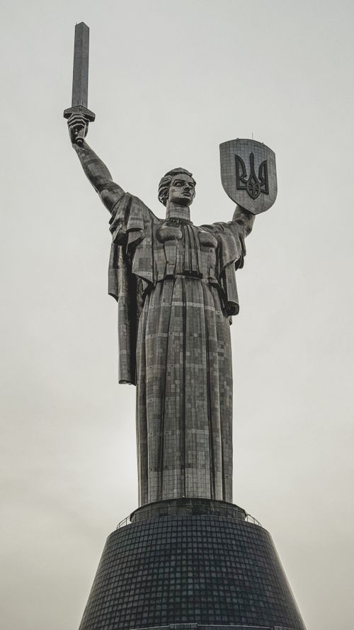 Free Iconic Motherland Monument in Kyiv, Ukraine with sword and shield. Stock Photo