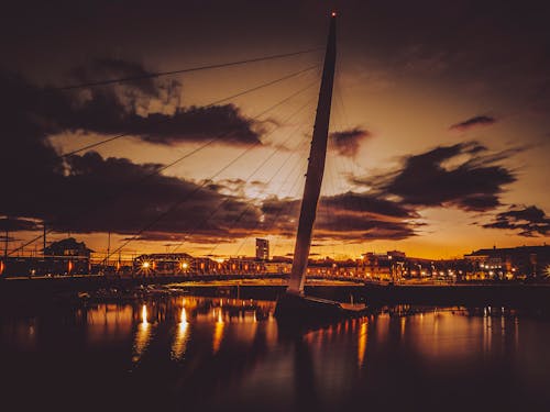 Swansea marina and sail bridge at sunset with reflections in the river Tawe