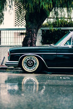A vintage Mercedes-Benz car parked on a rainy street, capturing reflections and urban mood.