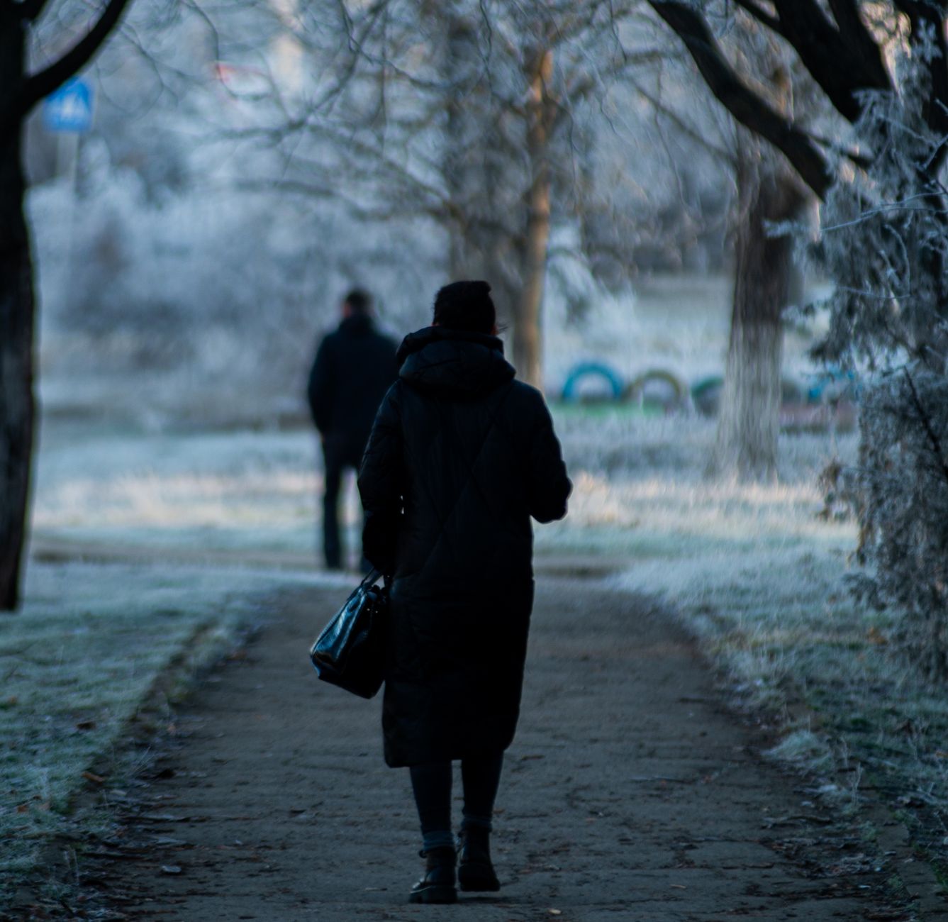 Silhouettes of people walking in a frosty urban park in winter.