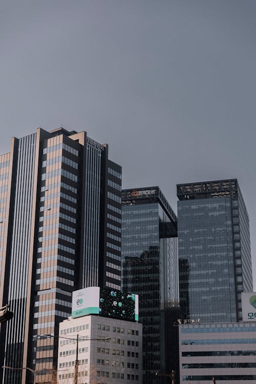 A city with tall buildings and a green sign