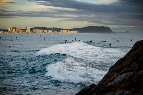 People Swimming in a Wavy Sea 