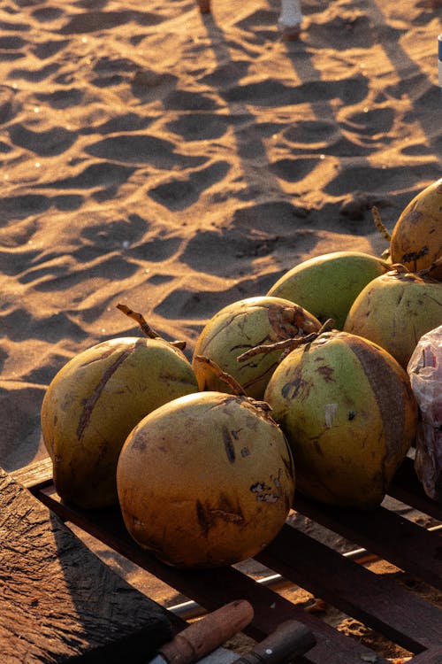 A bunch of coconuts on a table on the beach