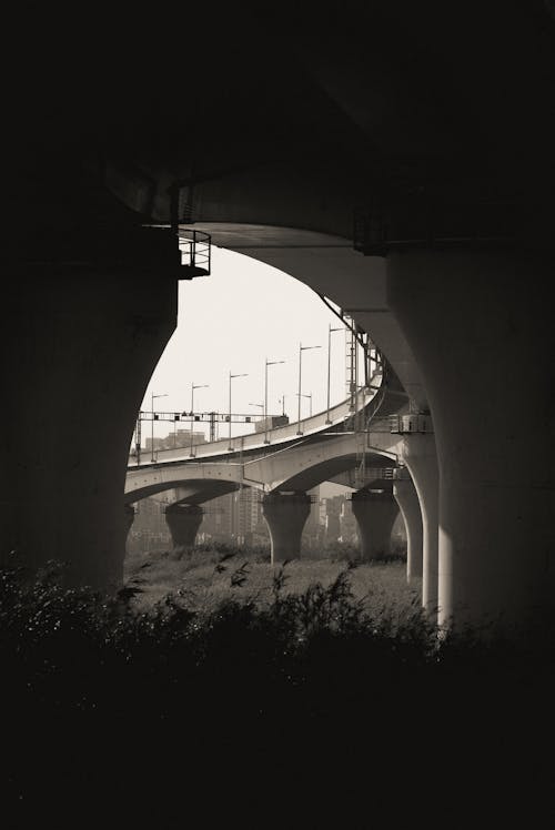 A black and white photo of a bridge