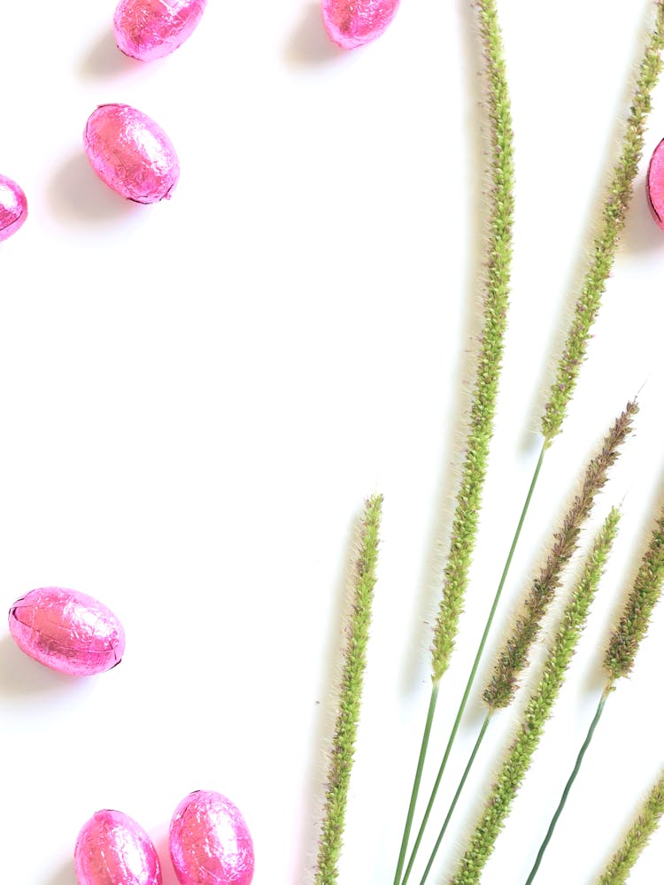 Bunch Of Green Plant Twigs And Sweets In Pink Wrap