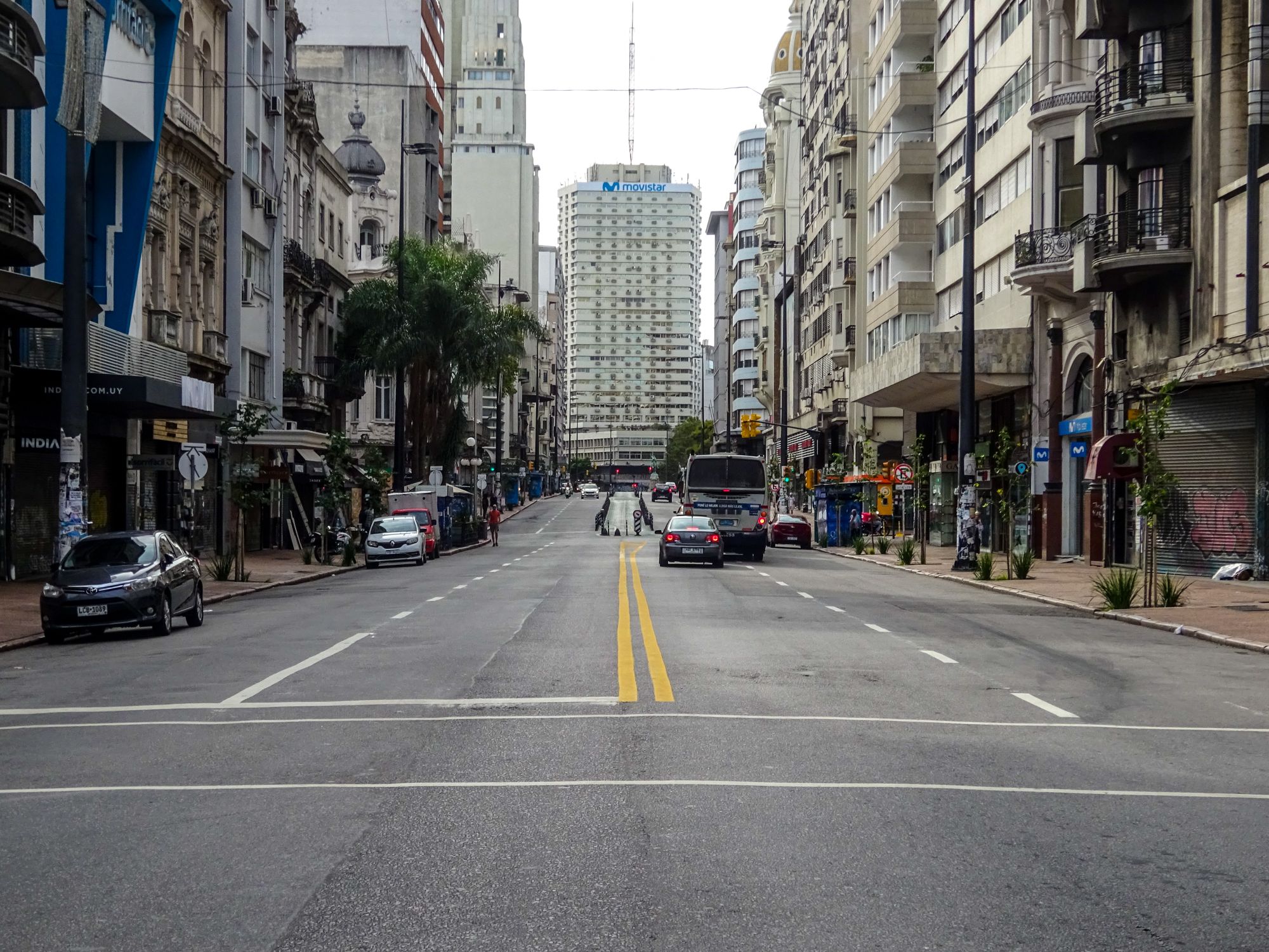 Downtown street view in Montevideo Uruguay showing colonial-era urban architecture