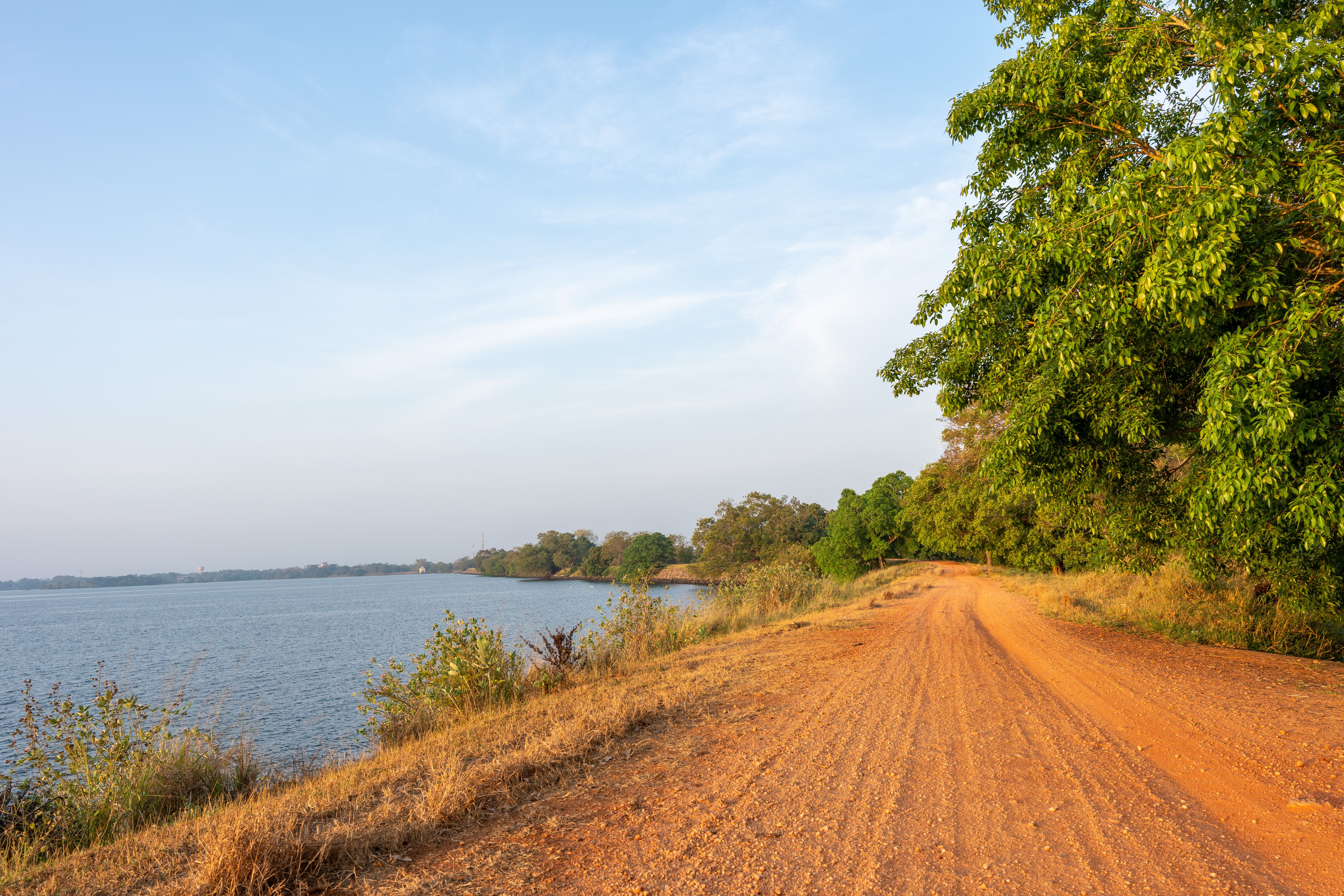 A dirt road along a body of water, Burkina Faso