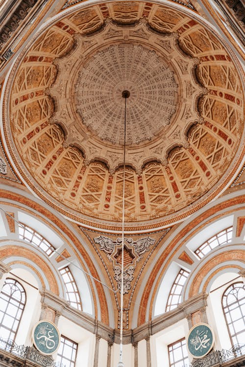 The dome of a building with a clock and windows